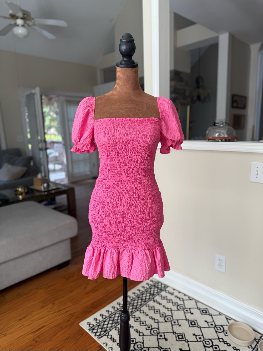 Zara Hot Pink Smocked Puff-Sleeve Mini Dress